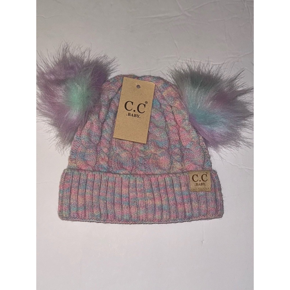 CC Baby Beanie Hat Pastel Rainbow Cable Knit Double Pom Pom Faux Fur Winter New